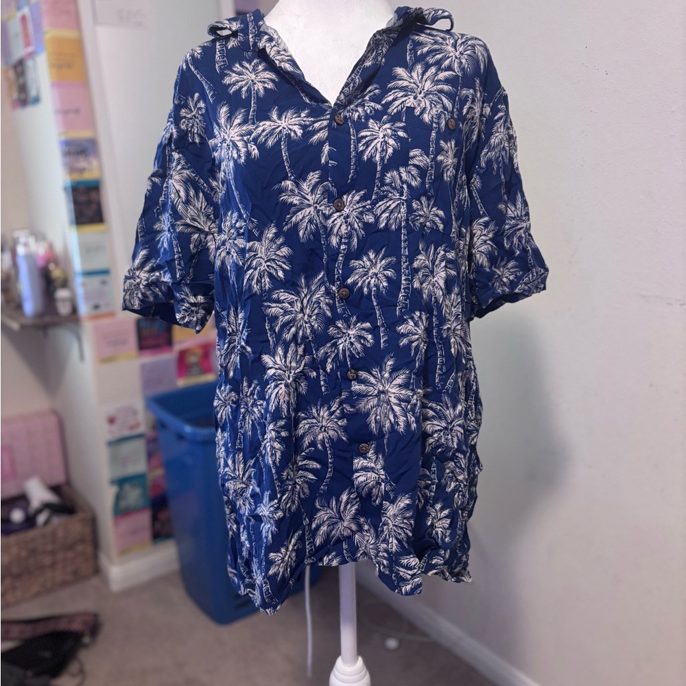 Blue Palm Tree Print Resort Dress with Cuffed Sleeves